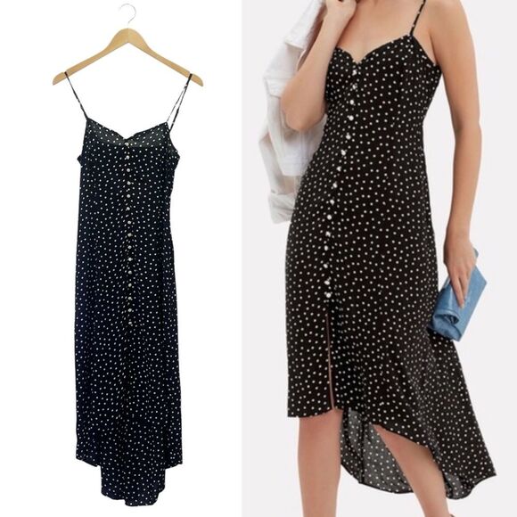 Intermix Linette Black Polka Dot Midi Dress Size 2 Spaghetti Strap Button Front - Picture 1 of 14
